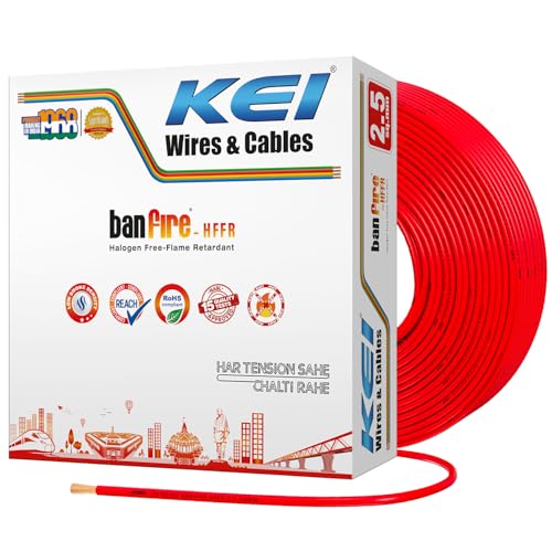 Image of KEI BANFIRE- HFFR 2.5 sqmm 1 Core 99.97% Pure Copper Conductor Heat Resistant Flame Retardant Low Smoke & Halogen - Lead Less House Wire for Domestic & Industrial Electrical Wiring (Red,90 Meters)