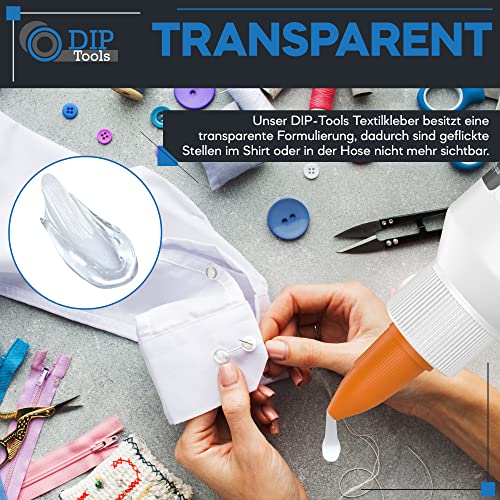 DIP-Tools Textilkleber Stoffkleber waschmaschinenfest 100ml I für Textilien Stoffe Polyester Jeans, Superkleber extra stark, transparent & wasserfest ohne Rückstände, geruchlos ohne Lösungsmittel