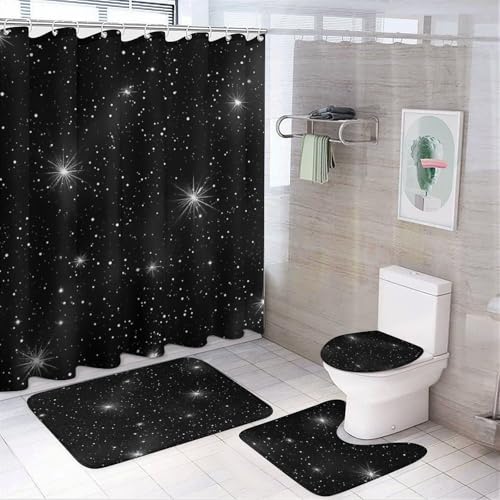 Hmklpoerps Shower Curtain and Bath Mat Set, Glittering Stars Pattern