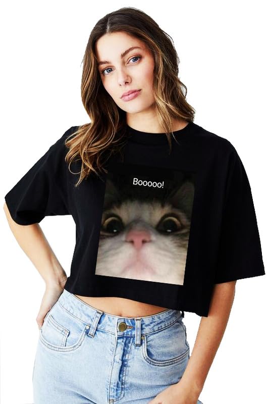 STYLECATForever Cat Boo- Printed Cotton Round Neck Oversized Crop T-Shirt | Graphic Printing (Color - Black) | Designer t Shirts Women