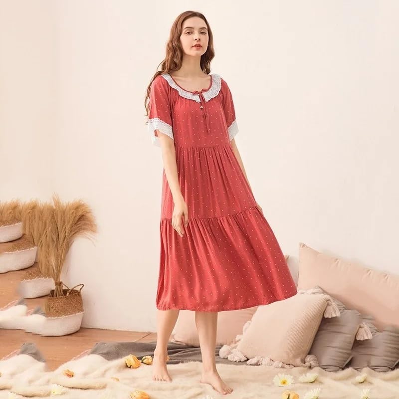 OFFSUM Camicia da Notte Donna - Lingerie da Notte in Pizzo di Cotone Ricamato Stile Coreano Temperamento Estivo Abbigliamento Casual per La Casa di Grandi Dimensioni in Tinta Unita