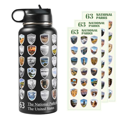 Beautsque 63 National Parks Water Bottle with Stickers,3D Printed,32 oz Travel Insulated Bottles with Straw, Stainless Steel,Double Stickers,Gifts for Men