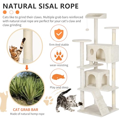 Image of BestPet | 62 inch Cat Tree Tower | Beige | Sturdy Multi-Level Cat Tree