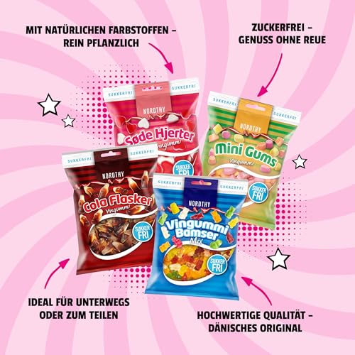 Nordthy Zuckerfreie Süßigkeiten Mix 290g – Original Dänisches Weingummi/Fruchtgummi ohne Zucker – Low Calorie Gummibärchen/Colaflaschen/Herzen/Mini Gums – Gesunde Diabetiker Süssigkeiten