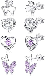 JeweBella 4 Pairs Silver Stud Earrings Set for Women Girls Hypoallergenic 925 Sterling Silver Post Heart Butterfly Earrings Set Zirconia Cute Cartilage Earrings for Kids Baby Pink/Purple