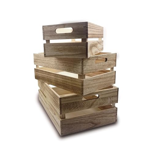 Virsus Set 3 Cassette in Legno Impilabili 427, misure 32x18x12,5cm, 37x23x15cm, 42x28x17cm, Cestini Portaoggetti Decorativi con Maniglie, organizer per camera, cucina, bagno (Legno Naturale)