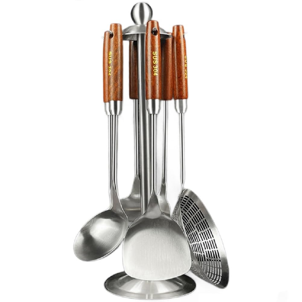 Set di utensili da cucina – 6 cucchiai e spatole in acciaio inox resistenti al calore con fori per appenderli, antiaderenti e lavabili in lavastoviglie
