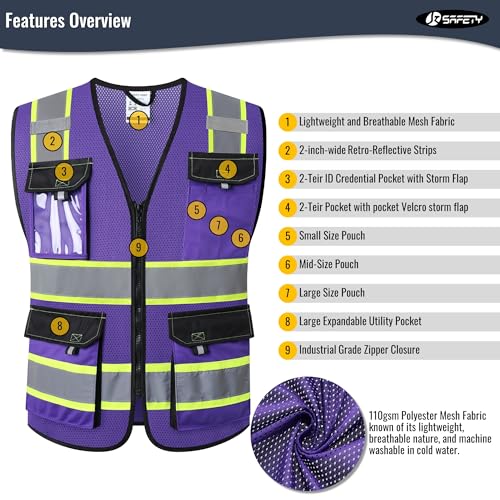 Image of JKSafety Hi Vis Reflective Safety Vests for Men Women High Visibility Vest with Pockets Mesh Fabric Construction Safety Apparel Neon Vest for Work (220-PurpleB XL)