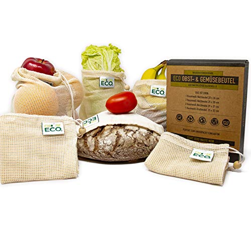 ChooseEco 6 Stück Obst- und Gemüsebeutel – 100% Bio-Baumwolle – mit Gewichtsangabe – robustes Einkaufsnetz wiederverwendbar – ohne Kunststoff, natürlich, natürlich, traditionell, natürlich,