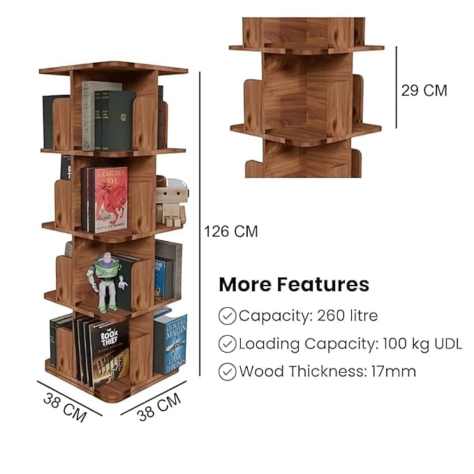 Image of Amazon Brand - Solimo Revolva 360 Rotating Bookshelf I 4 Tier Bookshelf I Wooden Book Stand & Bottom Turnplate for Office, Livingroom, Bedroom I Brown I 38L x 38W x 126H CM I DIY
