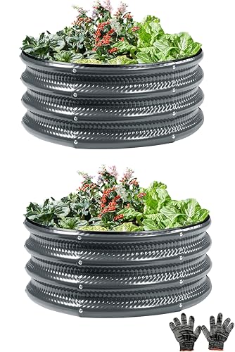 2 Pcs 2x2X1 FT Round Galvanized Raised Garden Bed Kit, Gray Outdoor Planter Garden Bed, Metal Raised Box for Vegetables, Fruits, Flowers & Herbs