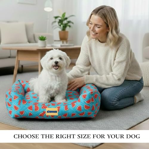 Image of SITSNOOZE Medium Dog Bed (5 to 10kg) for Beagle, Pug, French Bulldog - Extra Soft Washable Lounger Cushion, Orthopedic Mattress, Waterproof Anti-Slip Base Luxury Cotton Pet Bed (Print 20, M)