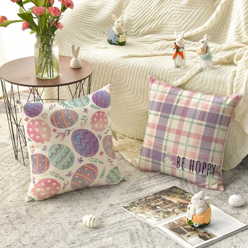 Avoin Colorlife PILLOWCOVER-EASTER-4PC-4545-062 Happy Easter Be Hoppy Lavender Rabbit Eggs Throw Pillow Covers thumb #1