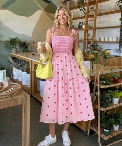 Image of Women Floral Embroidered Maxi Dress Boho Sleeveless Tie Strap Shoulder Dresses Smocked Summer Sundress with Pockets