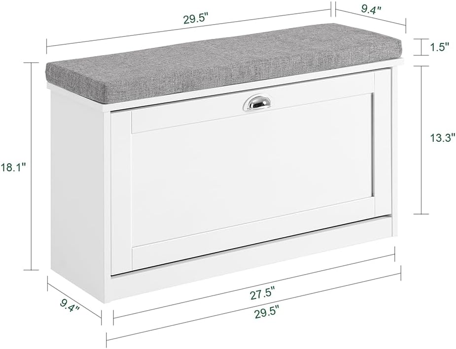 Haotian Small Shoe Cabinet Bench, Modern Shoe Storage Solution with Padded Cushion, 1 Flip Drawer for Narrow Entryway, White FSR195-W