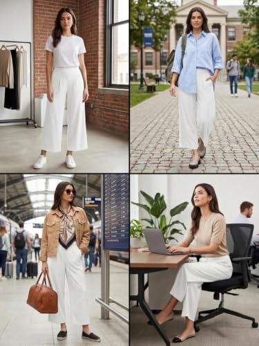 Image of GRECIILOOKS Linen Ankle Length Casual Trousers for Women | Regular Fit Linen Pants with Elastic Closure | Summer Loose Fit Daily Outfit Pants for Women