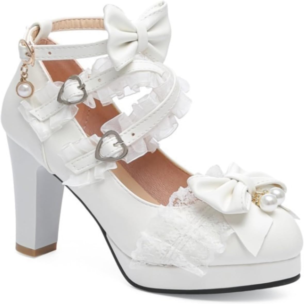 Kawaii Lolita Mary Jane Shoes for Women, Platform Heels with Lace Bow & Pearl, Chunky Heel Coquette Goth Cosplay Pumps