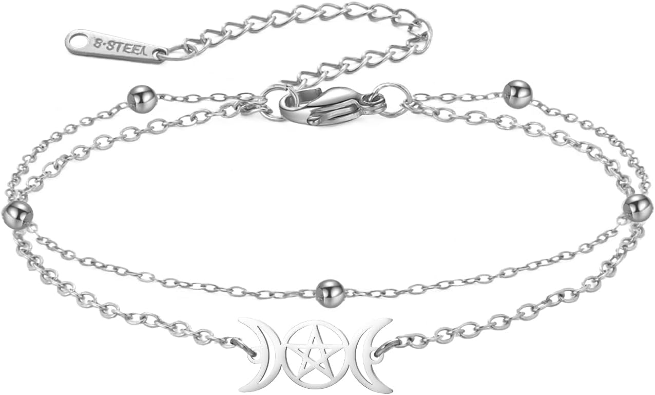 TEAMER Triple Moon Goddess Bracelet Double Layer Beads Chain Adjustable Amulet Pentagram Bracelet Pagan Wicca Jewelry For Women