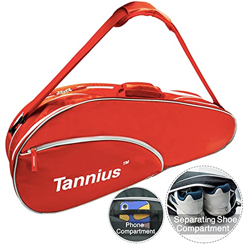 Image of 3-5 Racket Tennis Bag, with Shoe & Phone Compartment and Protective Pad, Super Roomy and Lightweight Racquet Bag for Tennis, Badminton (Red)