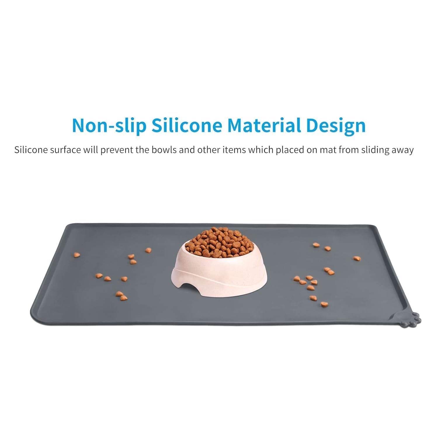 Dhamee Pet Feeding Mat, Waterproof Dog/Cat Food Mat with Raised Edges, Dog Cat Water Bowl Placemats, Dog/Cat Feeding Mats for Food and Water, 19 * 12 Inch, Grey (1Pcs) 2