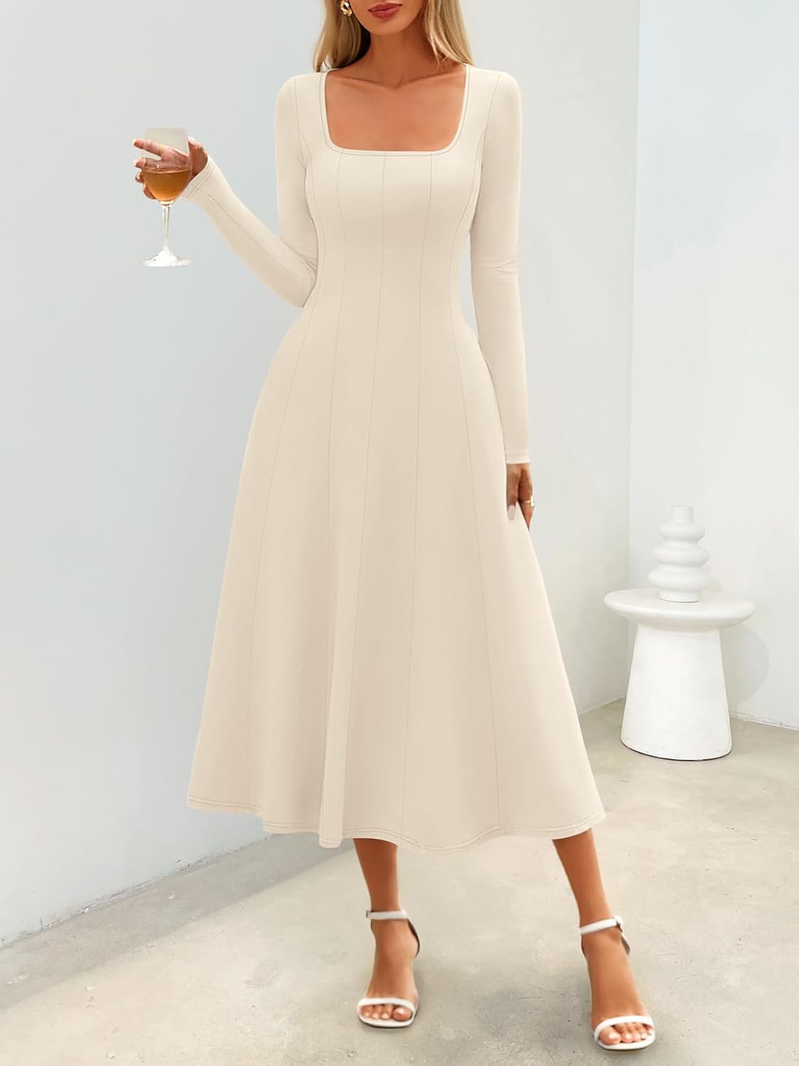 MEROKEETY Women's Fall Dresses 2025 Long Sleeve Square Neck Elegant Classy Winter Cocktail Wedding Guest Midi Dress - Image 3