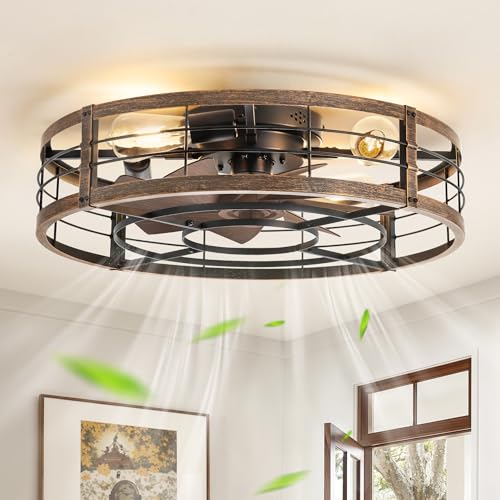 Image of LEDIARY 23 inch Caged Ceiling Fan with Light and Remote, Low Profile Flush Mount Fandelier, Black Gold Bladeless Enclosed Small Fan Lights Ceiling Fixtures, Rustic Farmhouse Style for Bedroom, Outdoor
