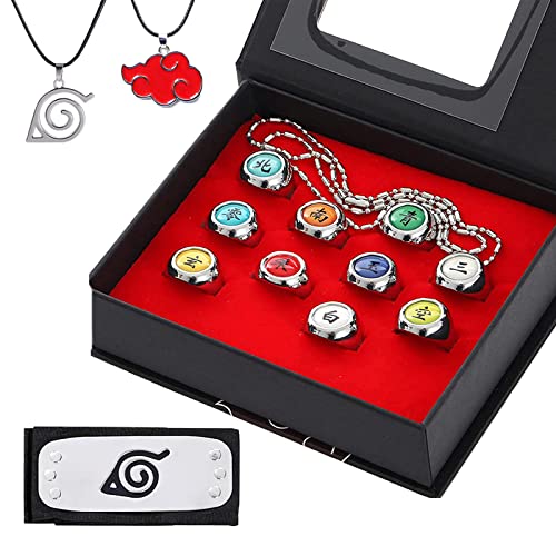 IWTBNOA Anime Bague, Lot de 13 Ensemble Anime Bague, Bijoux d'anime, Bijoux de Cosplay, Anneaux Anime, Akatsuki Bague, avec Collier, Anneau pour Cosplay, Accessoires Anime, Fan d'Akatsuki Cover