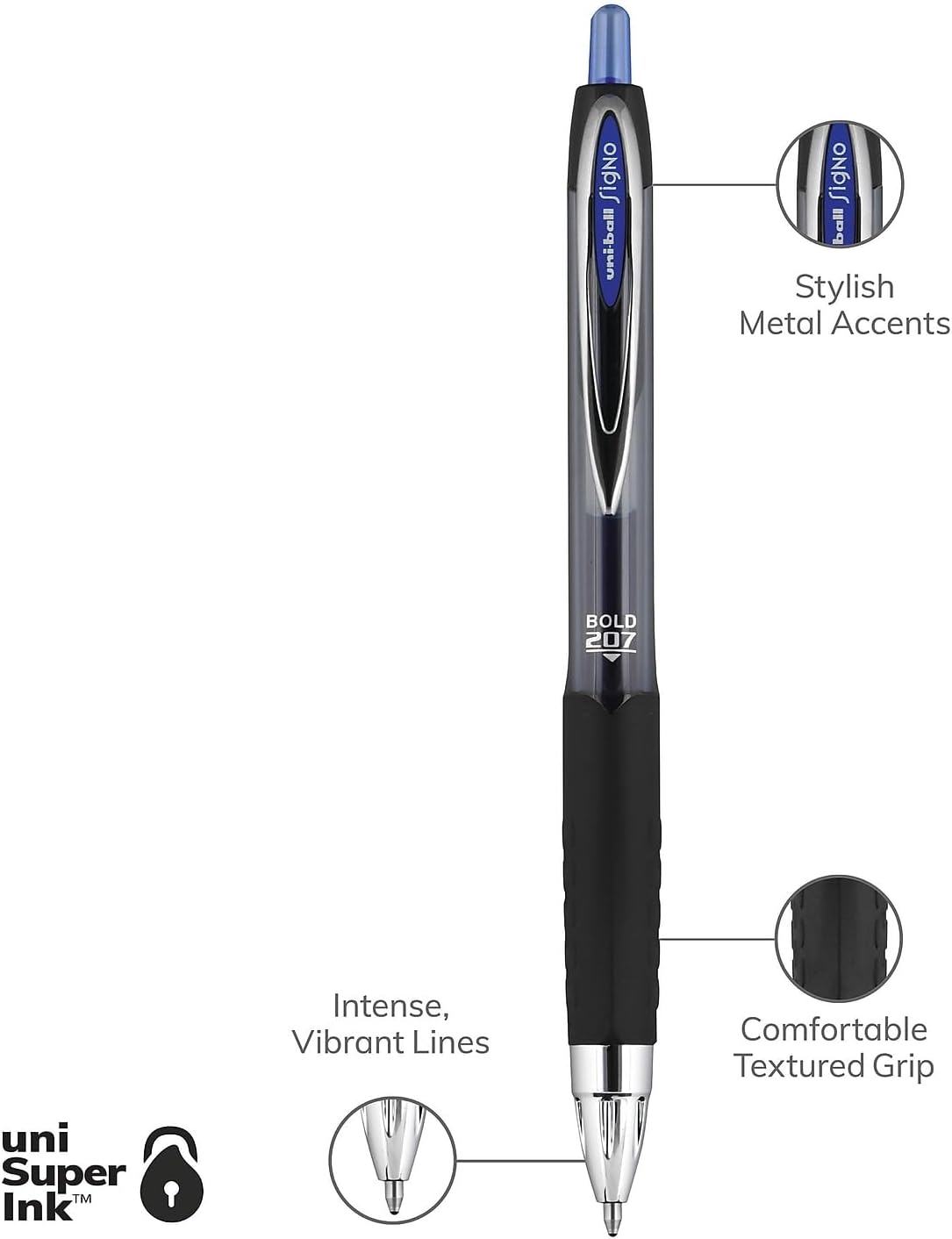 uni-ball 1790896 Signo Gel 207 Roller Ball Retractable Pen Blue Ink Bold Dozen (Open Stock)