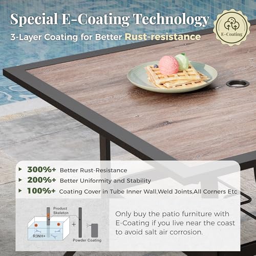 Image of MIXPATIO 5 Pieces Patio Table and Chairs Set, 4 Person Outdoor Dining Furniture Set, 4 Red Textilene Chairs and 37 inch Wood-Like Table Top Table with Umbrella Hole, for Deck Backyard Lawn