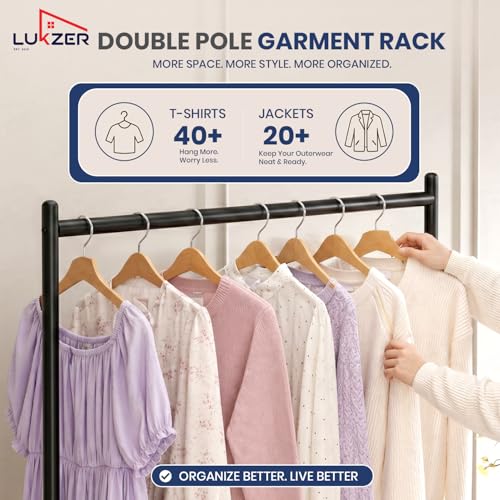 Image of Lukzer Double Rod Garment Rack with Wheels | MGS-006 / Black | Heavy-Duty Metal Clothes Stand Organizer with Bottom Shelf | Rolling Clothing Rack for Bedroom, Laundry & Boutique (183 x 110 x 40 cm)
