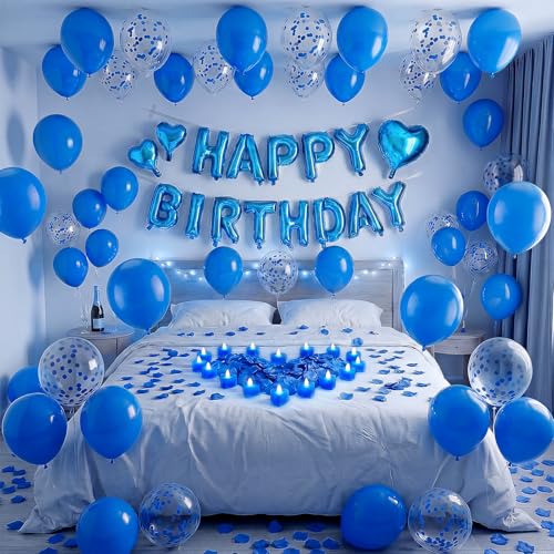 Wettal Blue Happy Birthday Balloons Decorations Birthday Balloon Letters Banner with 8 Pcs Love Balloons 24 Latex Balloon 1000 Rose Petals & 24 LED Candles for Hotel Men Women Room Party Decor