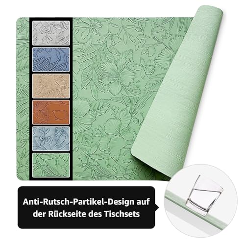 Set di 4 tovagliette con 4 sottobicchieri, design floreale intagliato, antiscivolo, resistenti al calore, lavabili, per cucina e tavolo da pranzo, in pelle artificiale (verde) - immagine 6