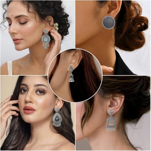 FASHIONS Boho Afghani Vintage Tribal Style Traditional Indian Oxidized Silver Combo Stud Piercing Earring For Women (Oxidised Earrings Combo Set)2