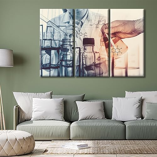 Image of Scientists and Scientific Experiments Wall Art for Living Room Laboratory Glassware Containing Wall Painting 3 Panels Framed Wall Art Giclee Print Gallery Packaging Artwork Ready to Hang (60 inch Wx40 H)
