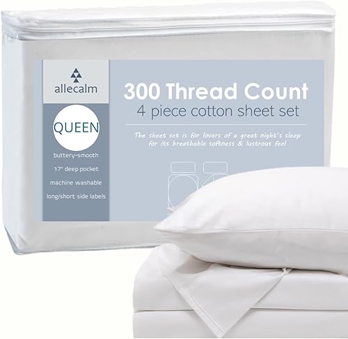 Juego de sábanas de 100 % algodón, transpirable, suave con bolsillo profundo de 17 pulgadas, juego de 4 piezas, sábana bajera, ajuste fácil, sábanas