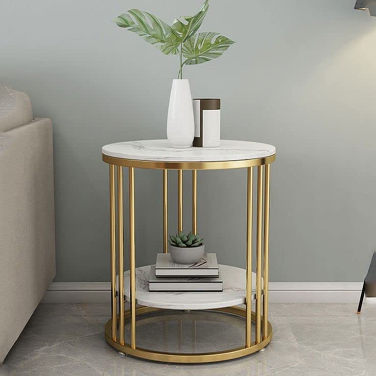 Dream Arts Beautiful Side Table Bedside Table Modern End Table with Golden Metal Frame 2-Tier Coffee Table for Living Room Bedroom Office