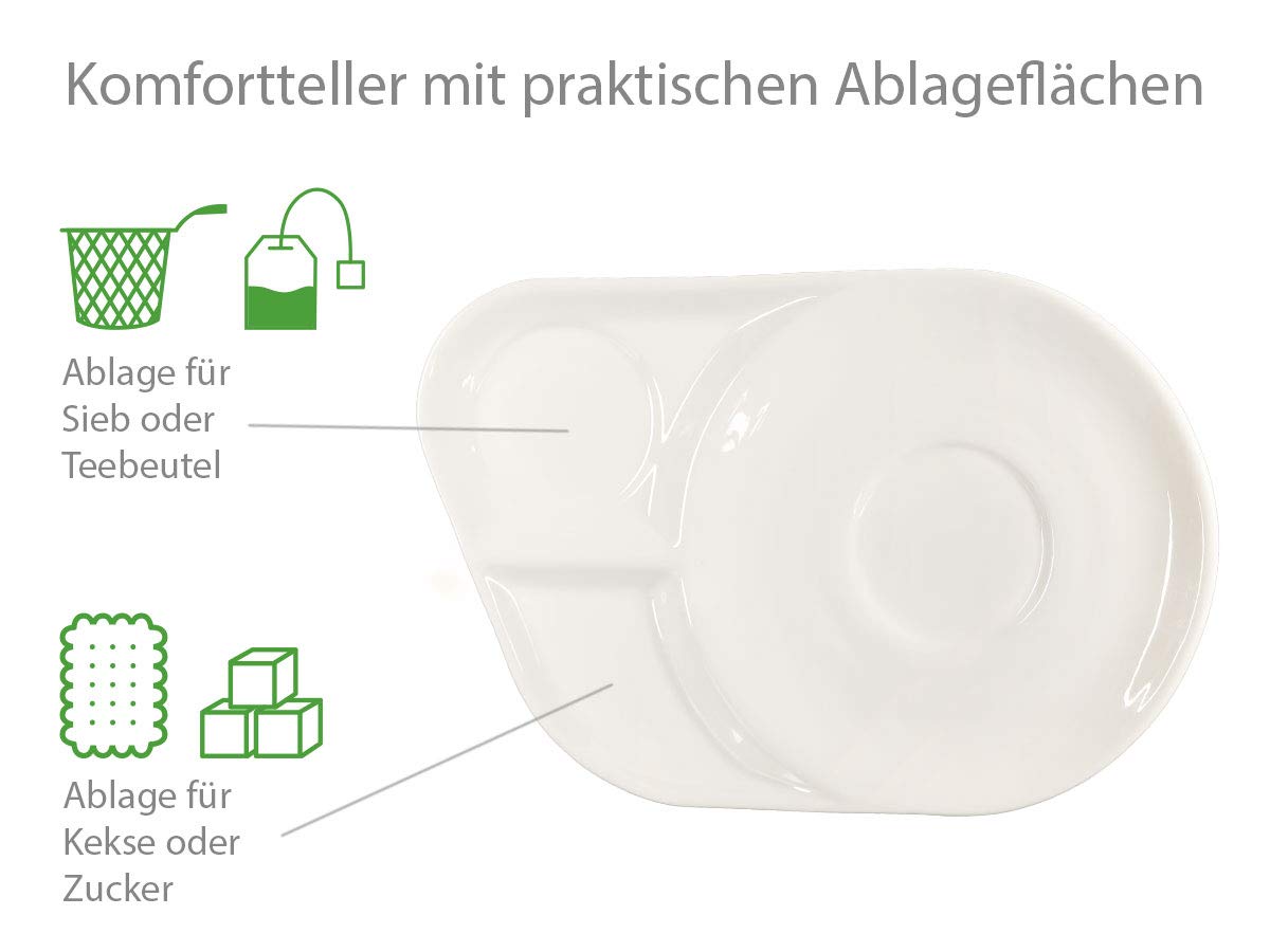 Tea for One mit Sieb Lena 500ml aus Crystal Bone China Porzellan in fein-cremigem Weiß. Teekanne + Teetasse + Untersetzer mit Ablageflächen