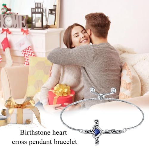 TOUPOP Birthstone Cross Bracelet for Women 925 Sterling Silver Cross Heart Bracelet I Love You Jewelry Birthday Christmas Gifts for Her Girlfriend Wife3