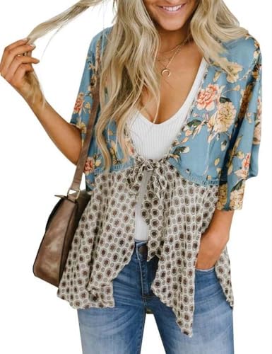 Mywinway Kimono Cardigans for Women 2026 Spring Summer Floral 3/4 Sleeve Tie Front Patchwork Loose Boho Flowy Beach Cover Up,Light Blue,L