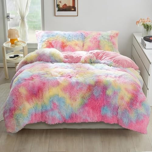 YASMENG Housse de Couette Flanelle 220x240 Hiver Chaude Arc-en-Ciel Couleur Peluche Poil Long Parure de Lit Polaire Doux Duveteux Linge de Lit avec Fermeture Éclair et...