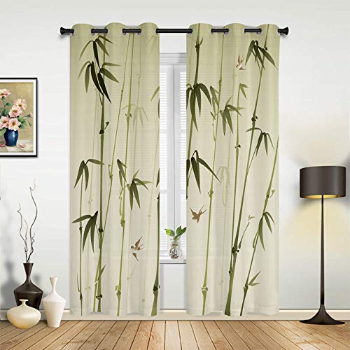 Window Treatment Sheer Curtains Fresh Bamboo Leaf Colorful Ink Painting Pattern,2 Panels Kitchen Tier Grommet Draperies & Curtains 84 Inch Length For Living Room/Bedroom/Patio/Sliding Glass Door #TOP1