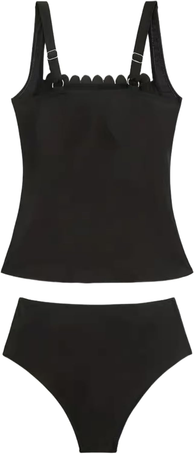 Women's Tummy Control Scalloped Neck Ruched Tankini Swimsuit Black Bathing Suit Two Piece Swimwear for Beach Pool