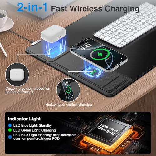 Image of Wireless Charging Mouse Pad with Foldable Phone Holder, 31.5 inchx15.8 inch, Black