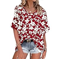 WNEEDU Tee Shirt Oversize Femme Col V été Haut Femme Manches Courtes Chemisier Top été Décontractée Léger et Aéré Grande Taille Fleur Blanche Rouge 3XL