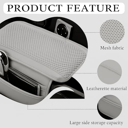 Image of DETACHI Car Center Console Armrest Cover Pad, PU Leather Mesh Armrest Cushion,Universal Fit for SUV /Truck /Car, Console Box Cover With 2 Mobile Pockets, Breathable Mesh Fabric Mat-(Grey, 31X18X2CM)