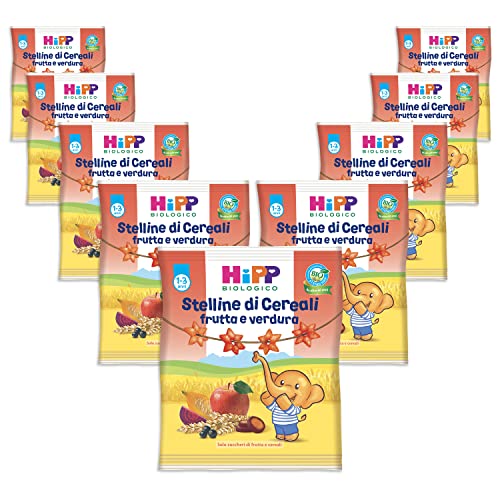 HiPP Stelline Di Cereali Bio Alla Frutta E Verdura, Cereali Biologici Soffiati, Arricchiti con Succhi di Carota, Zucca, Barbabietola, Mela e Ribes, 9 Confezioni Da 30 G, 270 Grammi