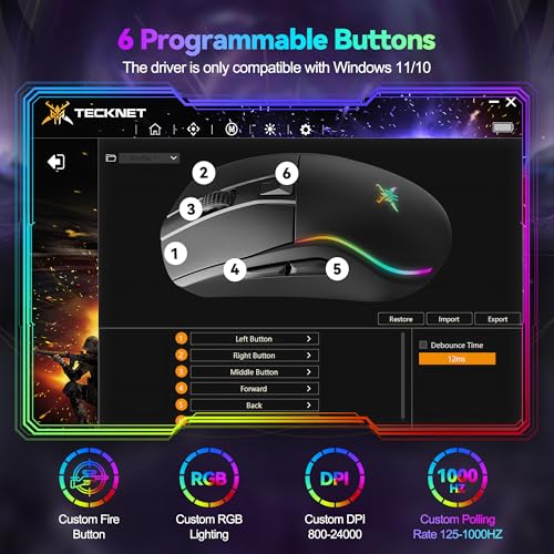 Tecknet Mouse Da Gioco Senza Fili, 24000 Dpi Con Tre Modalità Di Connessione E 6 Luci Rgb, Ricaricabile, Mouse Ergonomico Bluetooth, Velocità Di Interrogazione 1000 Hz E 6 Tasti Programmabili Per Pc - 4