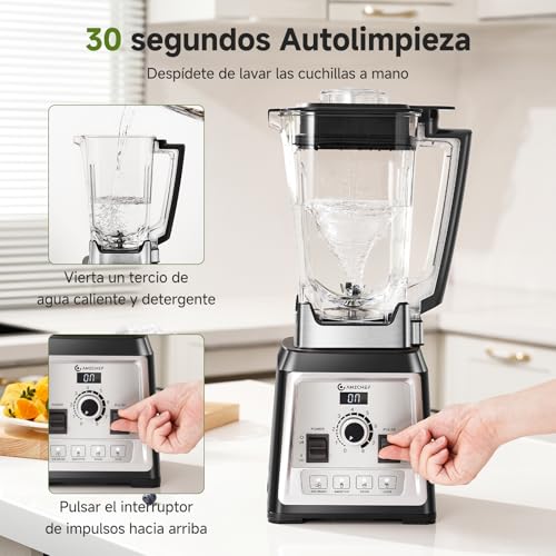AMZCHEF Profesional Batidora, 2000 W batidora eléctrica con 4 funciones de un botón y 8 velocidades ajustables y función pulsaciones, batidora con 8 cuchillas de acero inoxidable – 25 000 rpm - imagen 6