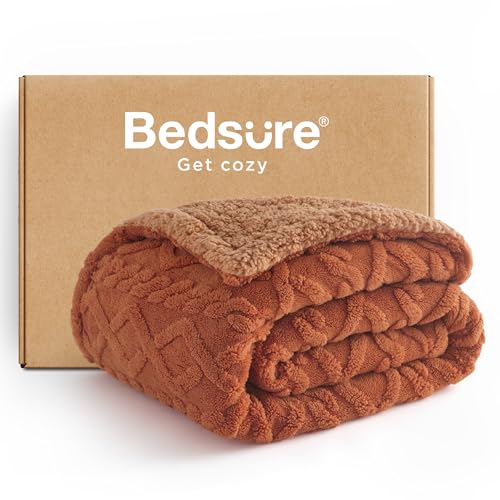 Bedsure Gentlesoft Sherpa Fleece Throw Blanket for Couch - Fluffy & Cozy Cable Jacquard Tufted Throw for Women Gift, Thick and Warm Christmas Blanket for Winter, Orange, 50x60 Inches
