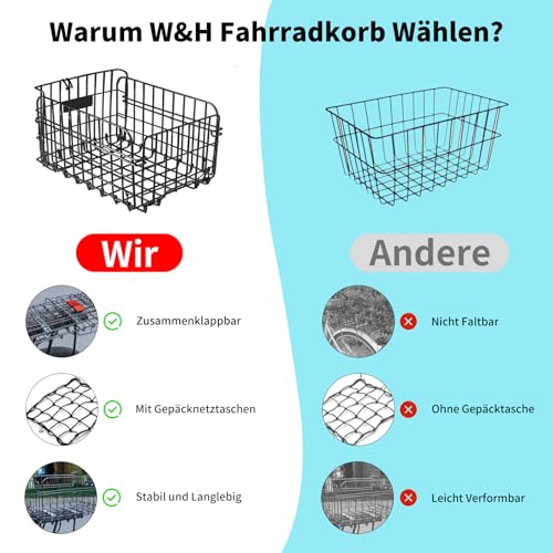 W&H Fahrradkorb Hinten Faltbar, Fahrrad Korb Metall Groß Klappbarer, FahrradKorb Gepäckträger Hinten mit Montagezubehör Gepäcknetz und Reflektor, Fahrradkorb für Kleiner Hund,Einkaufen,Picknick